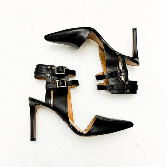 Nine West Black Double Strap Pointy Toe Leather Stiletto Heel Size 9.5 - Picture 4 of 5